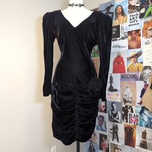 Velvet Ruched Mini Dress with Puffed Sleeves 80s Vintage
